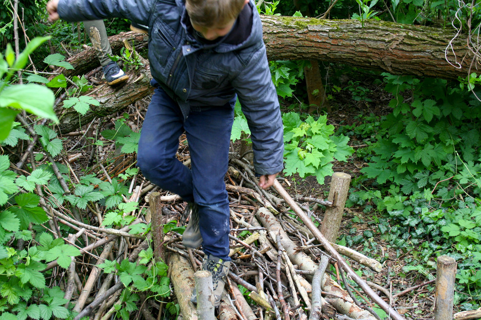 Bild eines Jungen, der auf einem Holzhaufen balanciert.