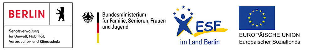 Logos: Senatsverwaltung für Umwelt, Verkehr und Klimaschutz, das Bundesministerium für Familie, Senioren, Frauen und Jugend, Europäischen Sozialfonds