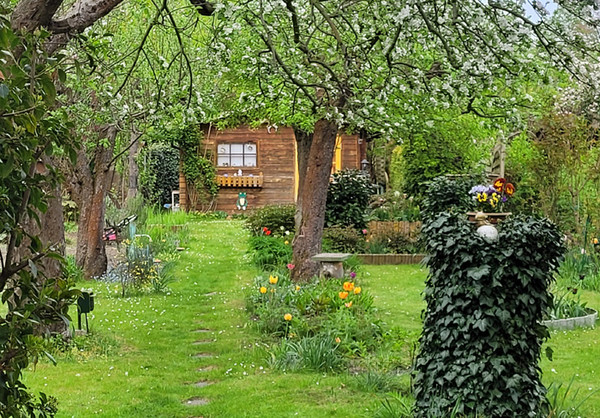 Ansicht eines Kleingartens mit brauner Holzlaube im Hintergrund