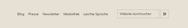 Bildschirm-Foto der Schalt-Flächen am oberen Rand: Blog, Presse, Newsletter, Mediathek, Leichte Sprache
